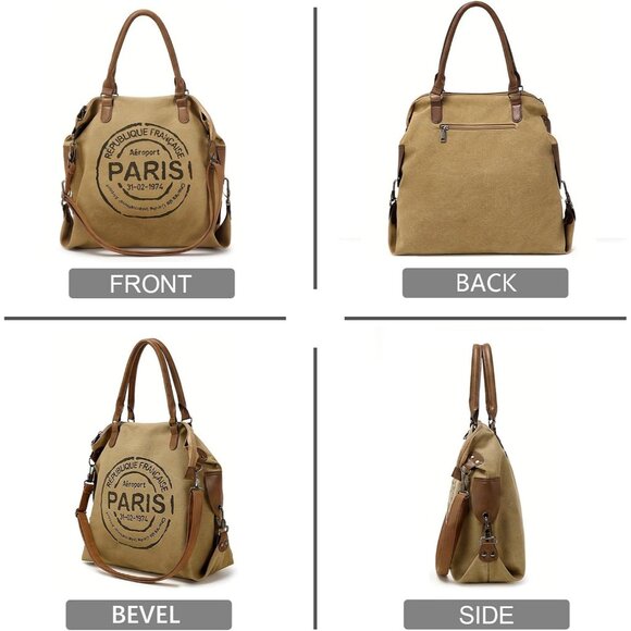 Large Canvas Tote Bag for Women Black Zipper Spacious Crossbody Handbag - Picture 5 of 6